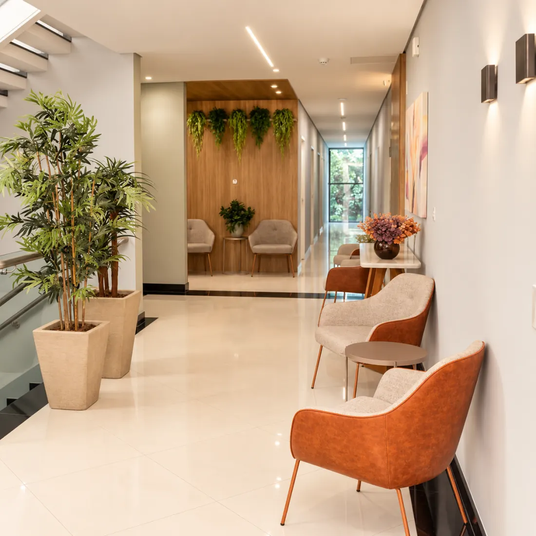 Corredor com poltronas, plantas e luz natural ao fundo