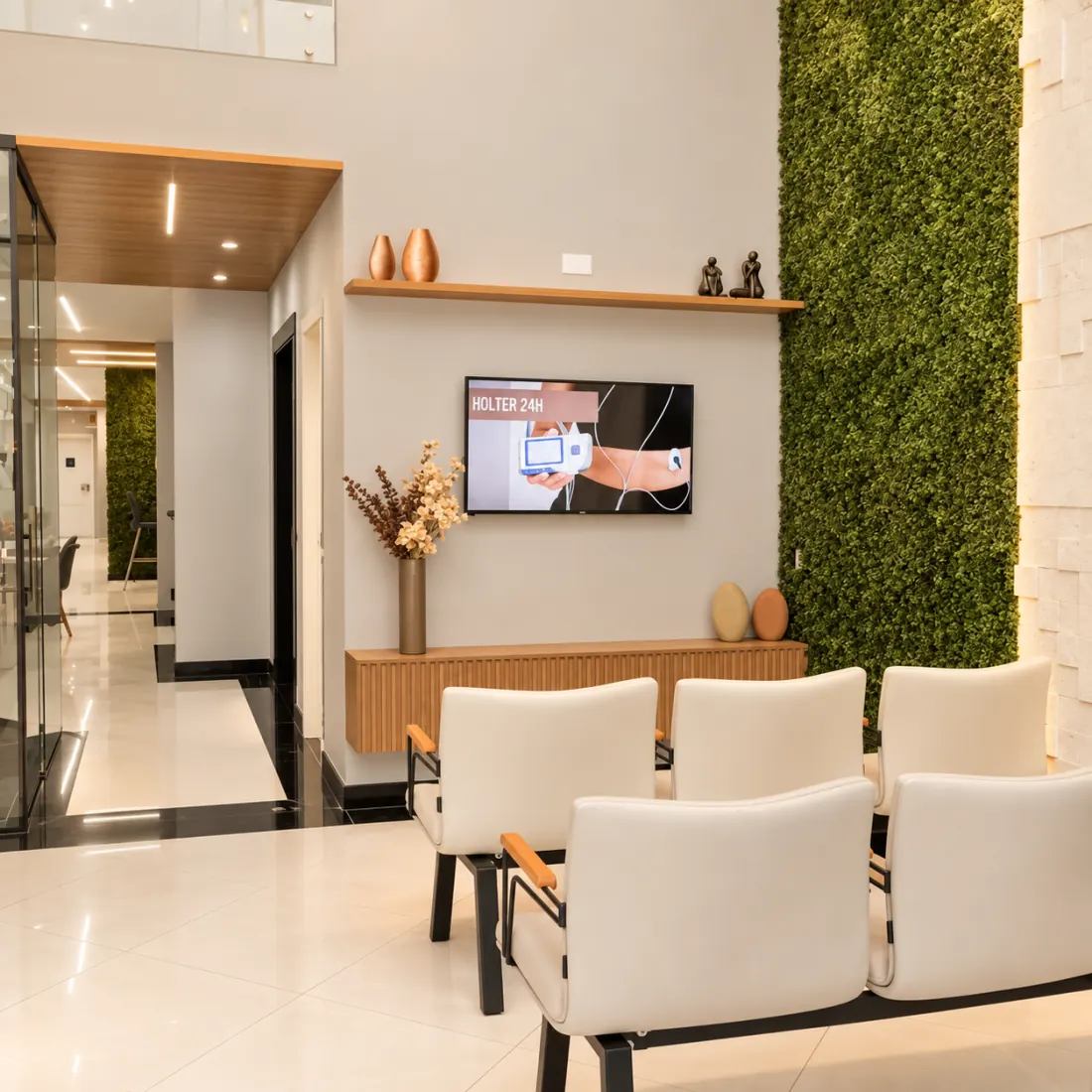 Sala de espera com jardim vertical e poltronas claras