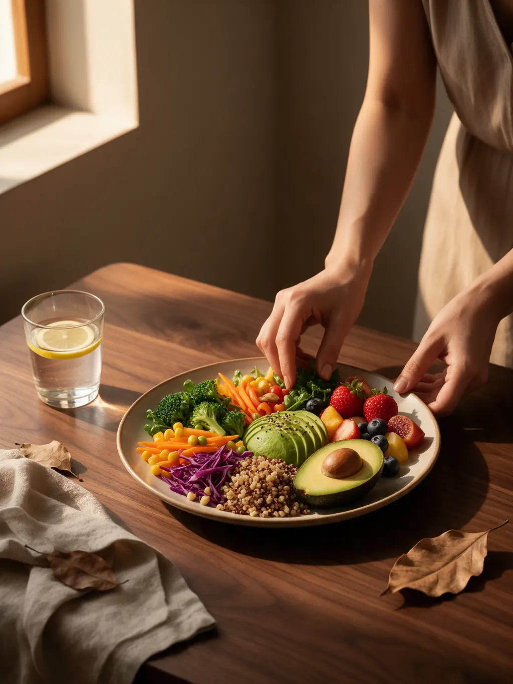 Mãos organizando um prato equilibrado com legumes, grãos e frutas