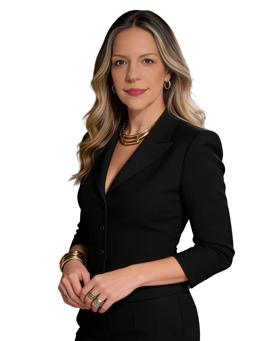 Retrato da Dra. Renata Barrenha Sgrignoli, de terno preto, sorrindo para a câmera